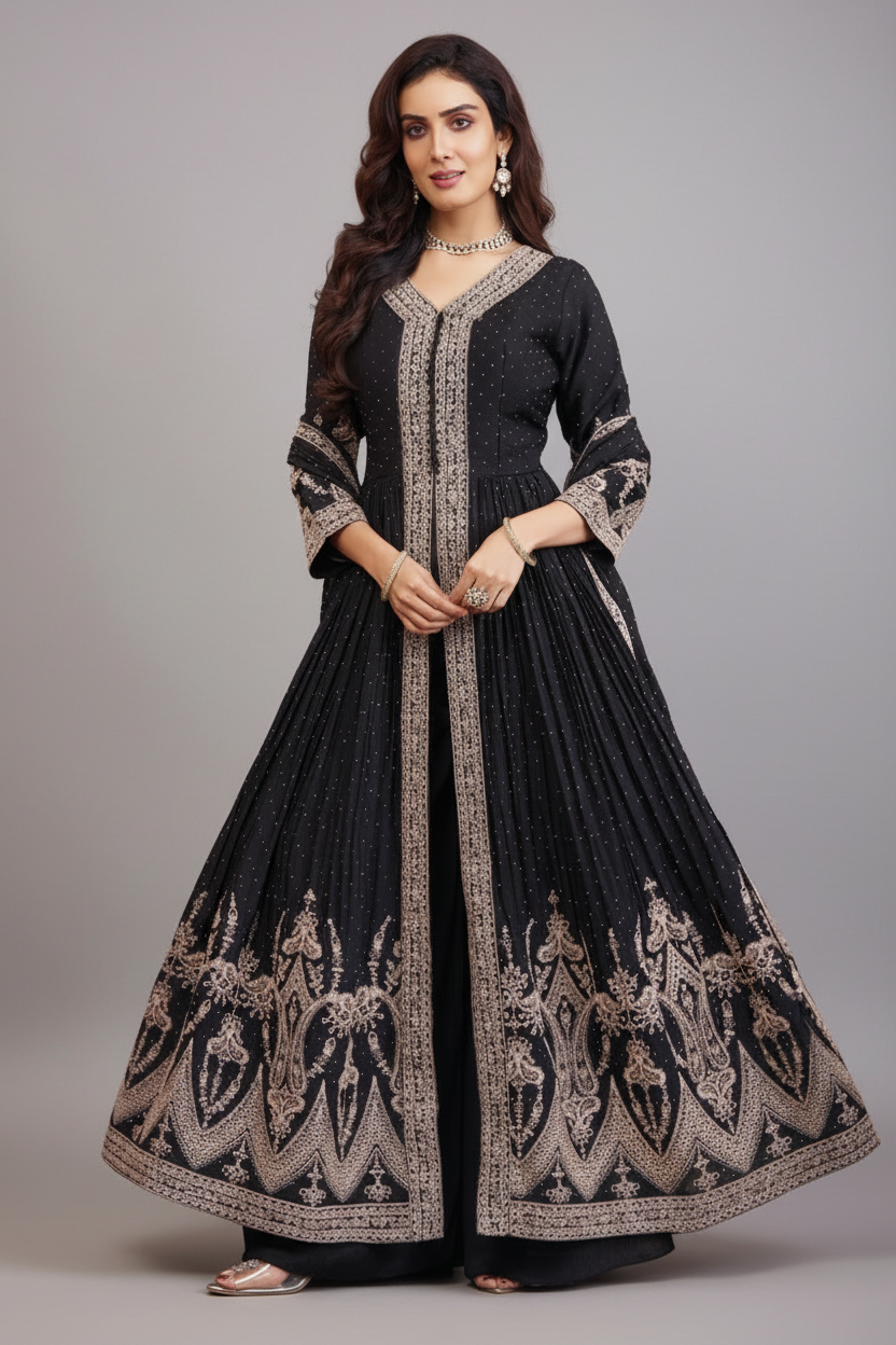 Black Chinon Georgette Embroidered Slit Cut Palazzo Suit - red georgette saree embroidered