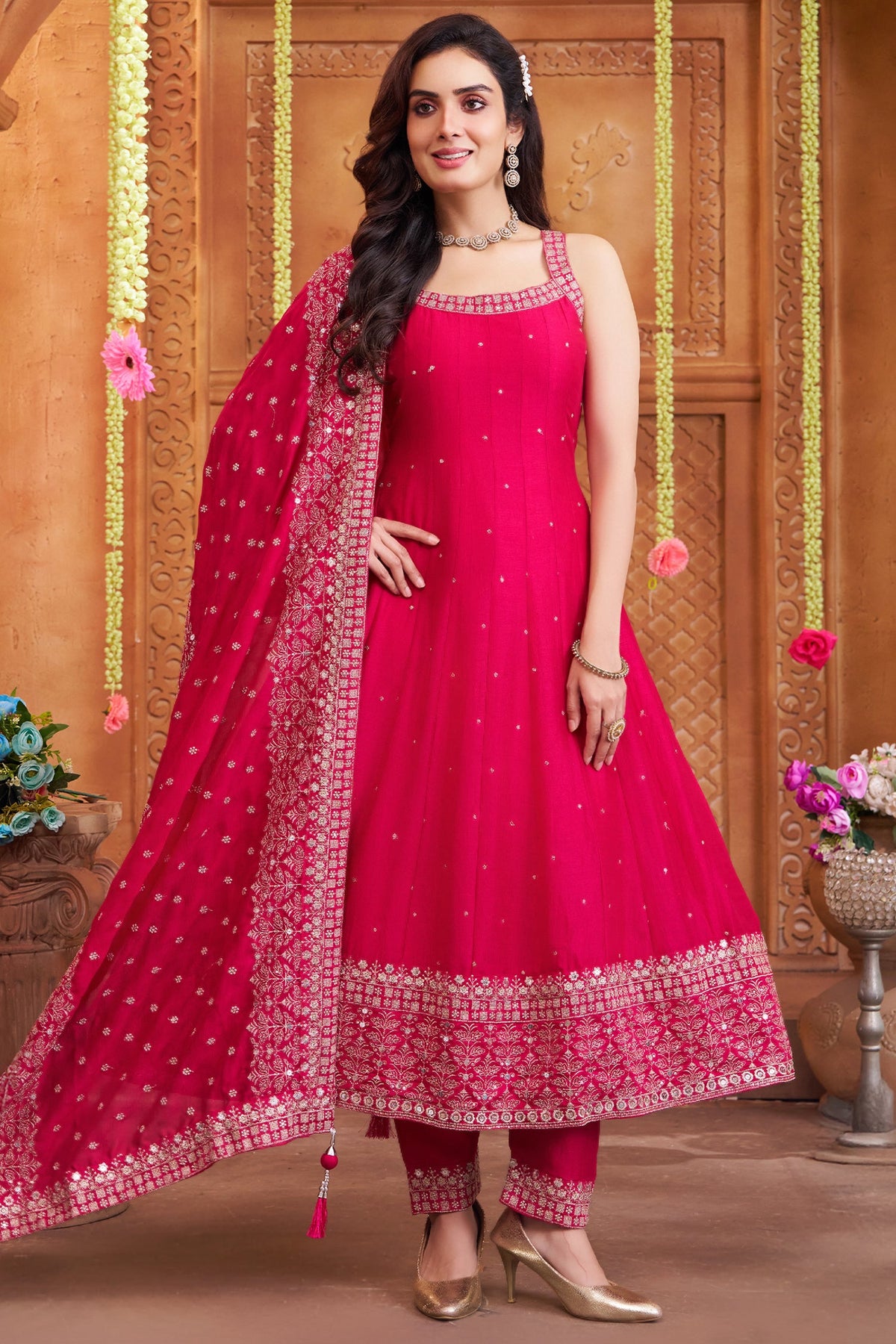 Pink Art Silk Sequin Embroidered Suit - red silk saree embroidered