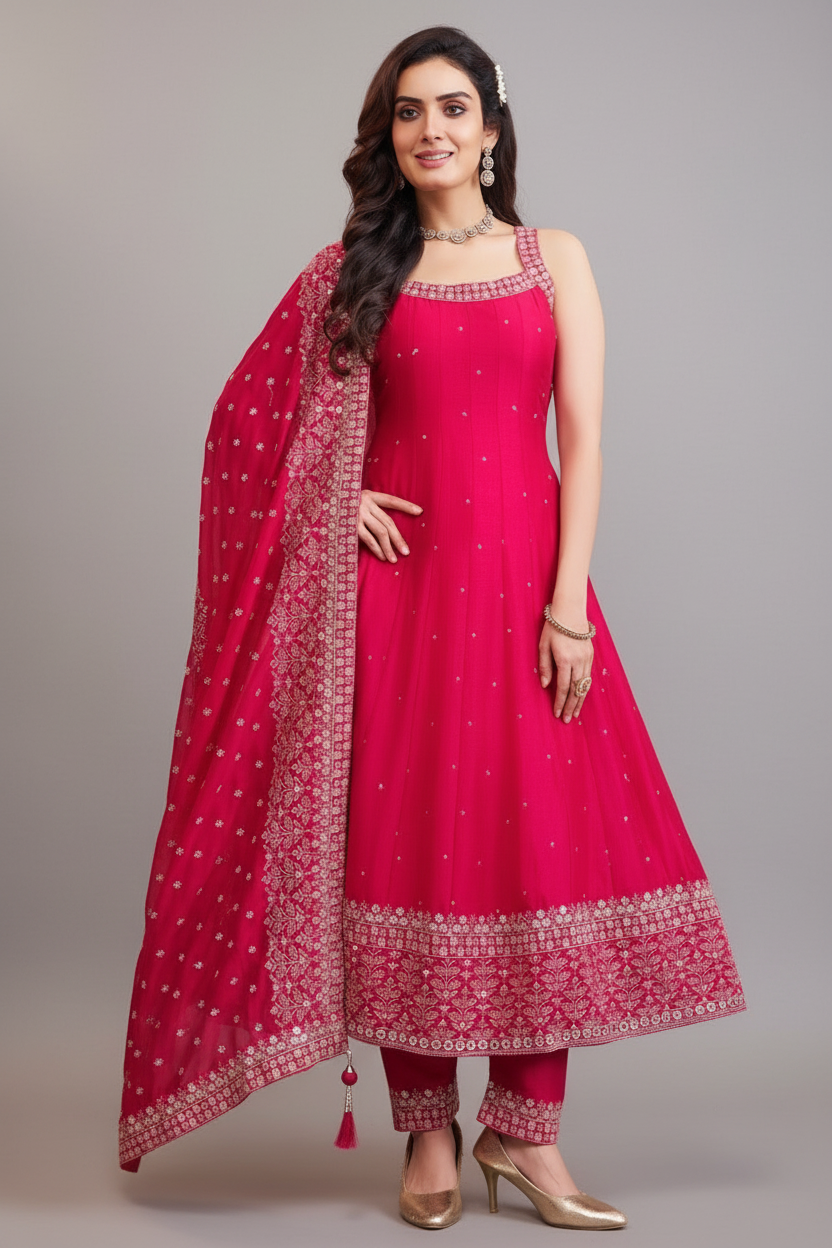 Pink Art Silk Sequin Embroidered Suit - red silk saree embroidered Main image