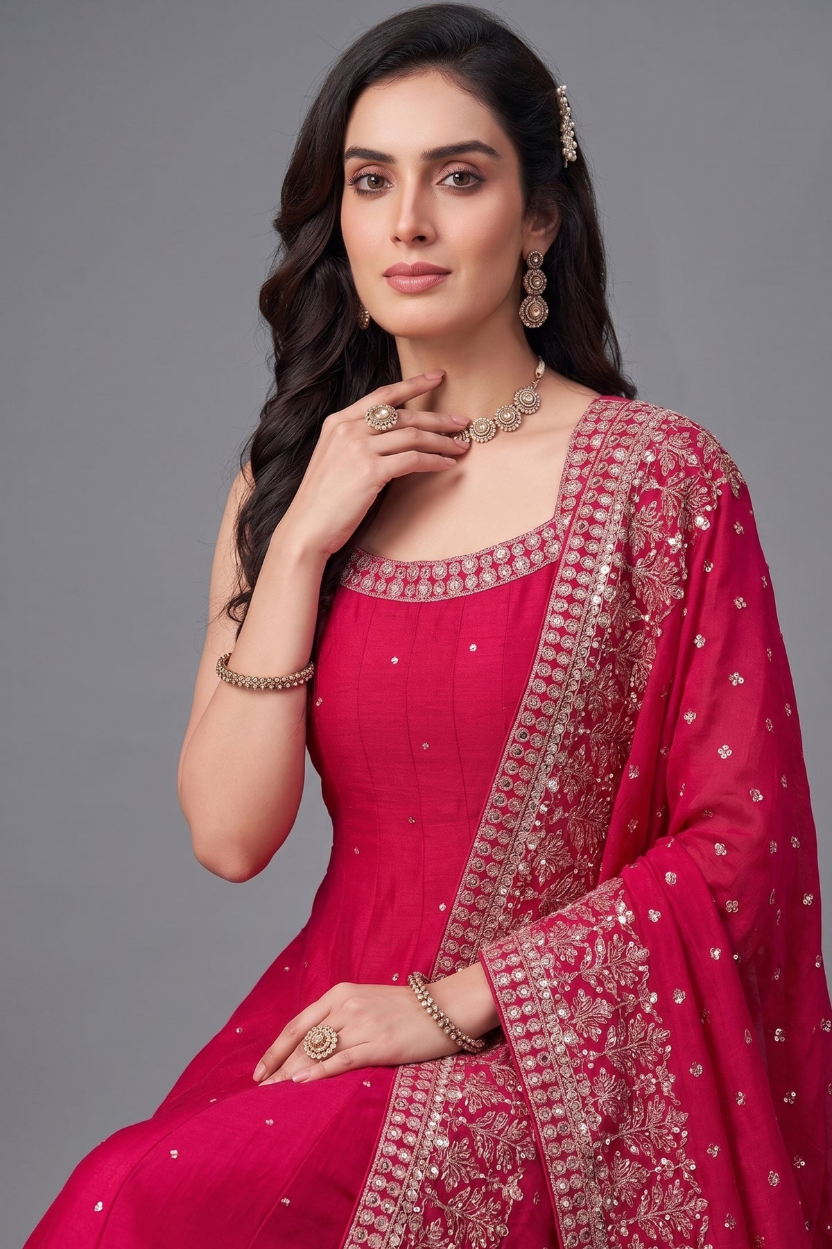 Pink Art Silk Sequin Embroidered Suit - red silk saree embroidered