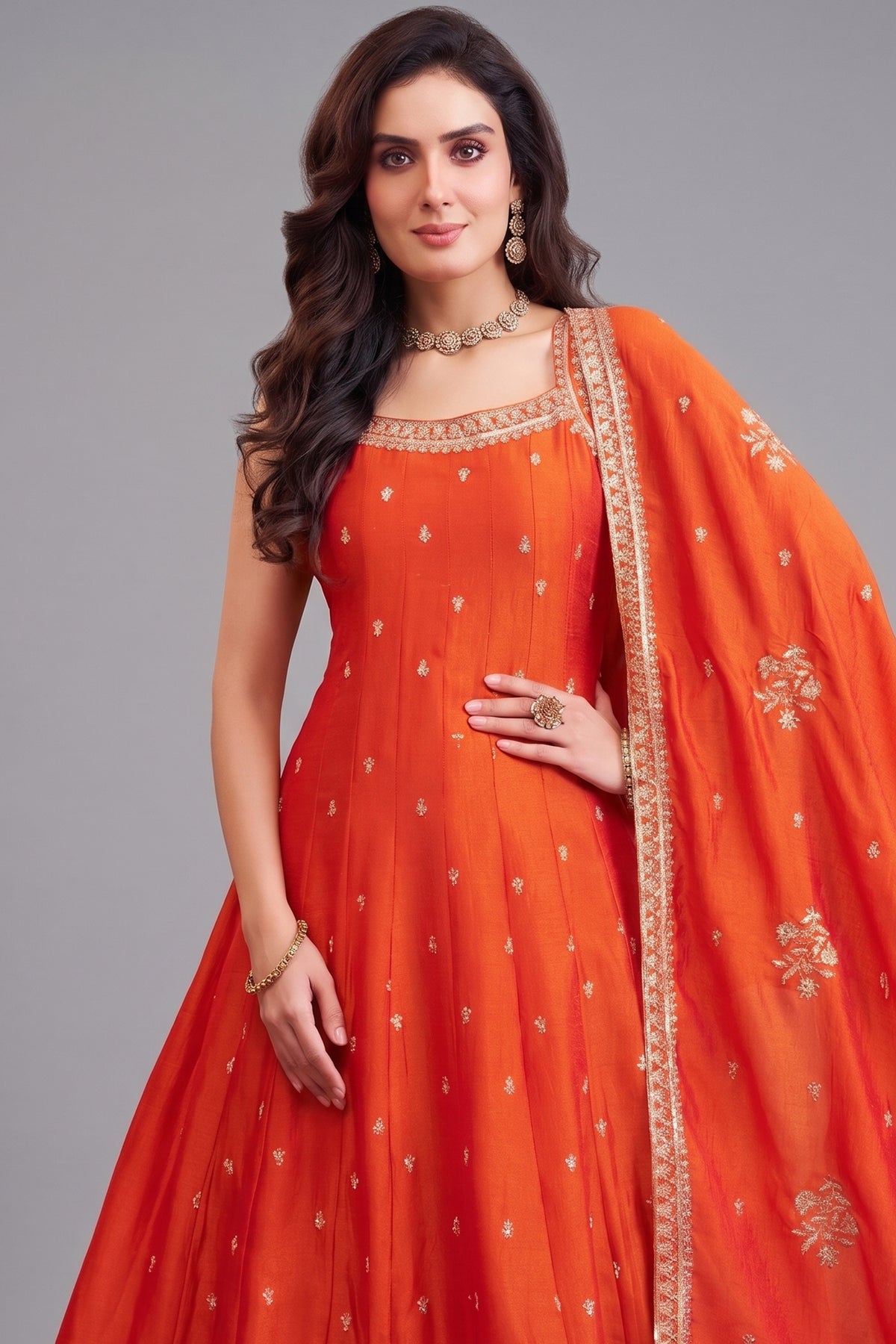 Orange Art Silk Sequin Embroidered Suit - red silk saree embroidered