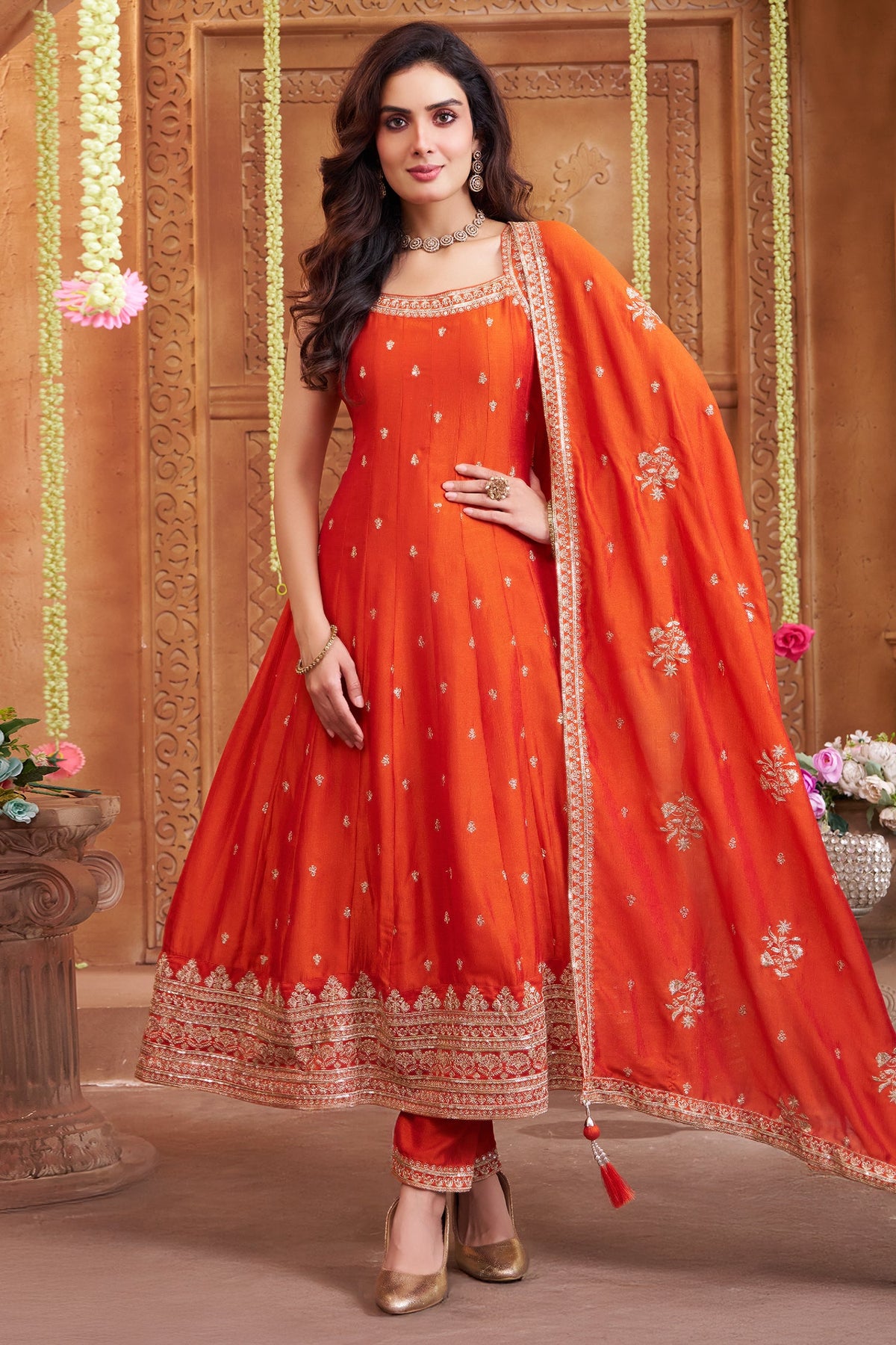 Orange Art Silk Sequin Embroidered Suit - red silk saree embroidered