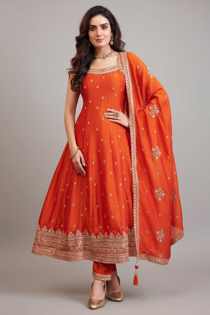 Orange Art Silk Sequin Embroidered Suit - red silk saree embroidered Main image