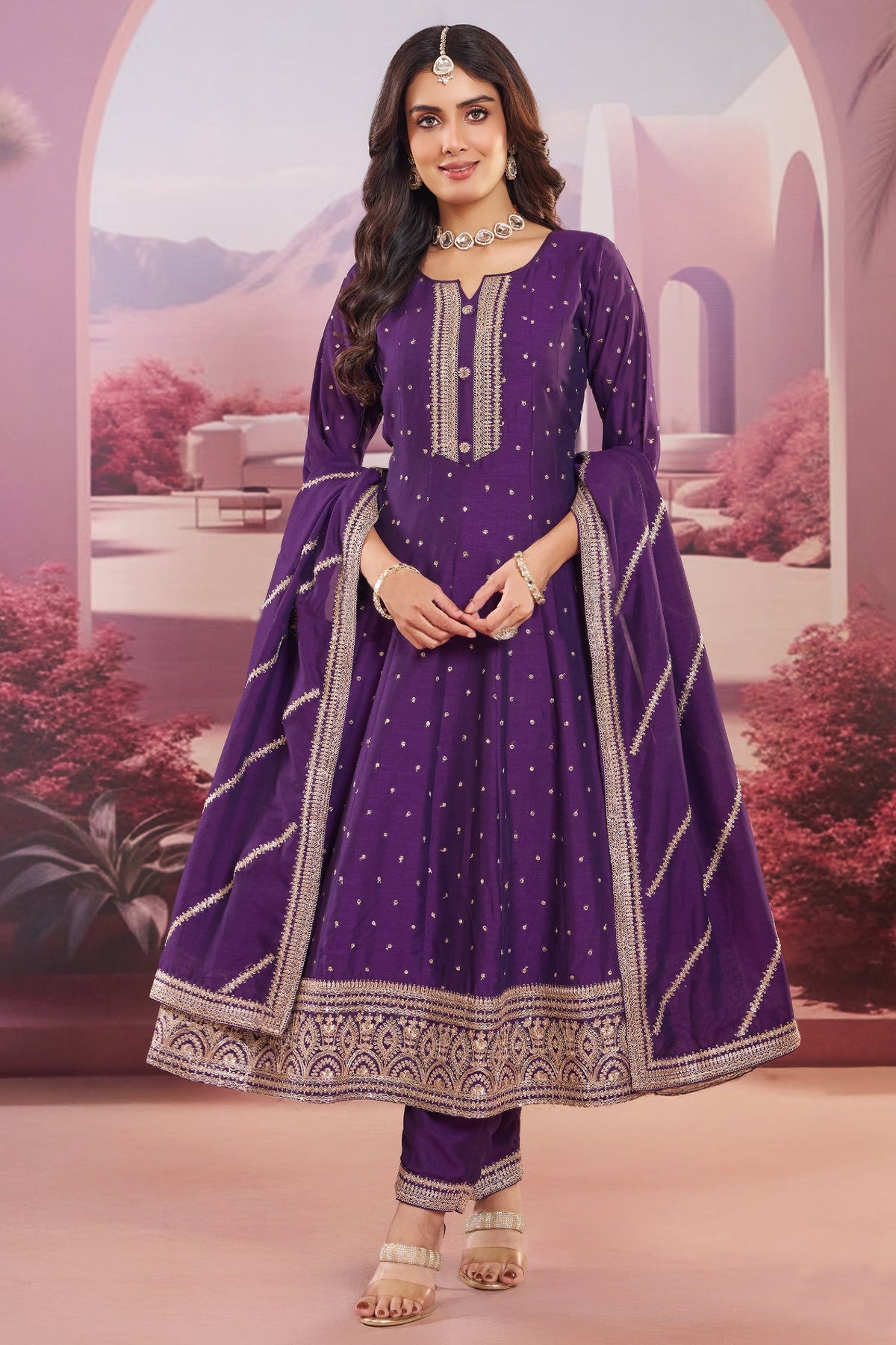 Voilet Art Silk Sequin Embroidered Anarkali Suit