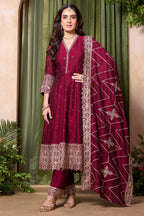 Dark Maroon Art Silk Sequin Embroidered Anarkali Suit - red silk saree embroidered