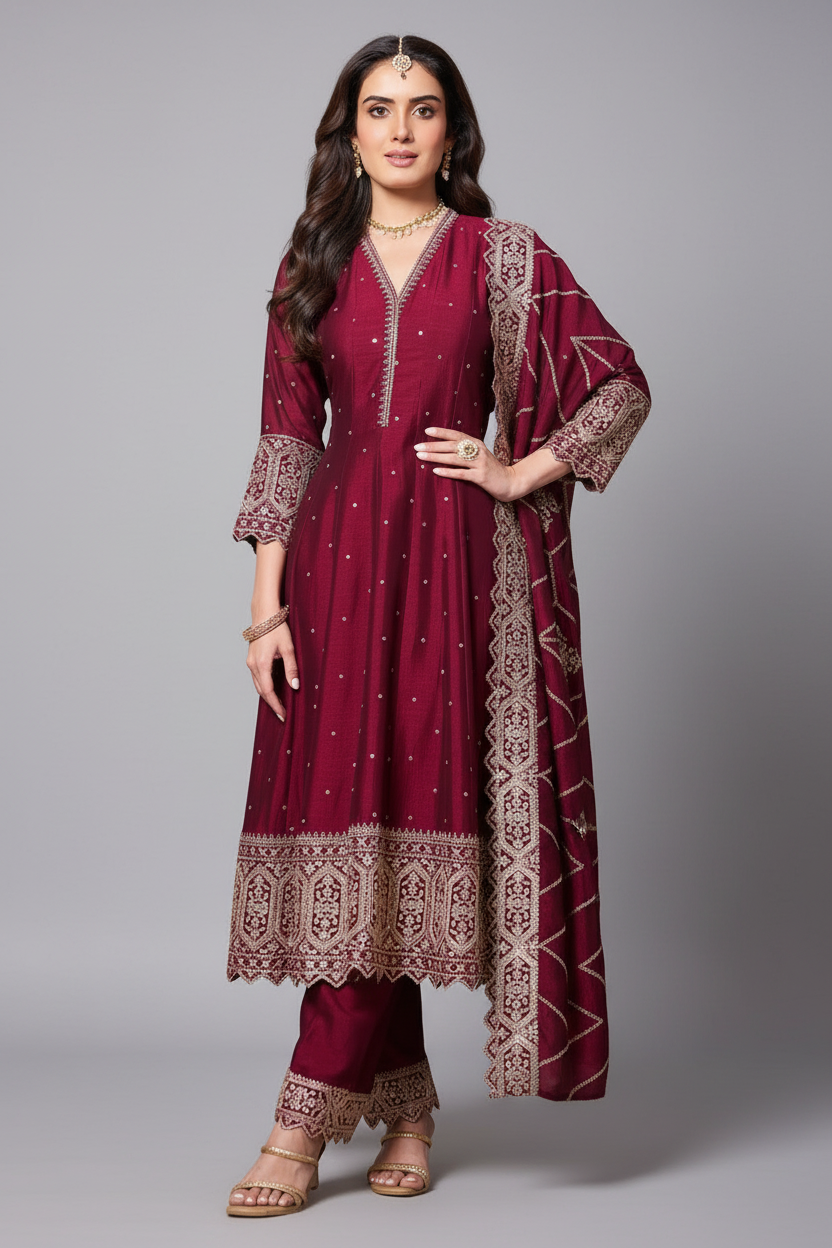 Dark Maroon Art Silk Sequin Embroidered Anarkali Suit - red silk saree embroidered Main image