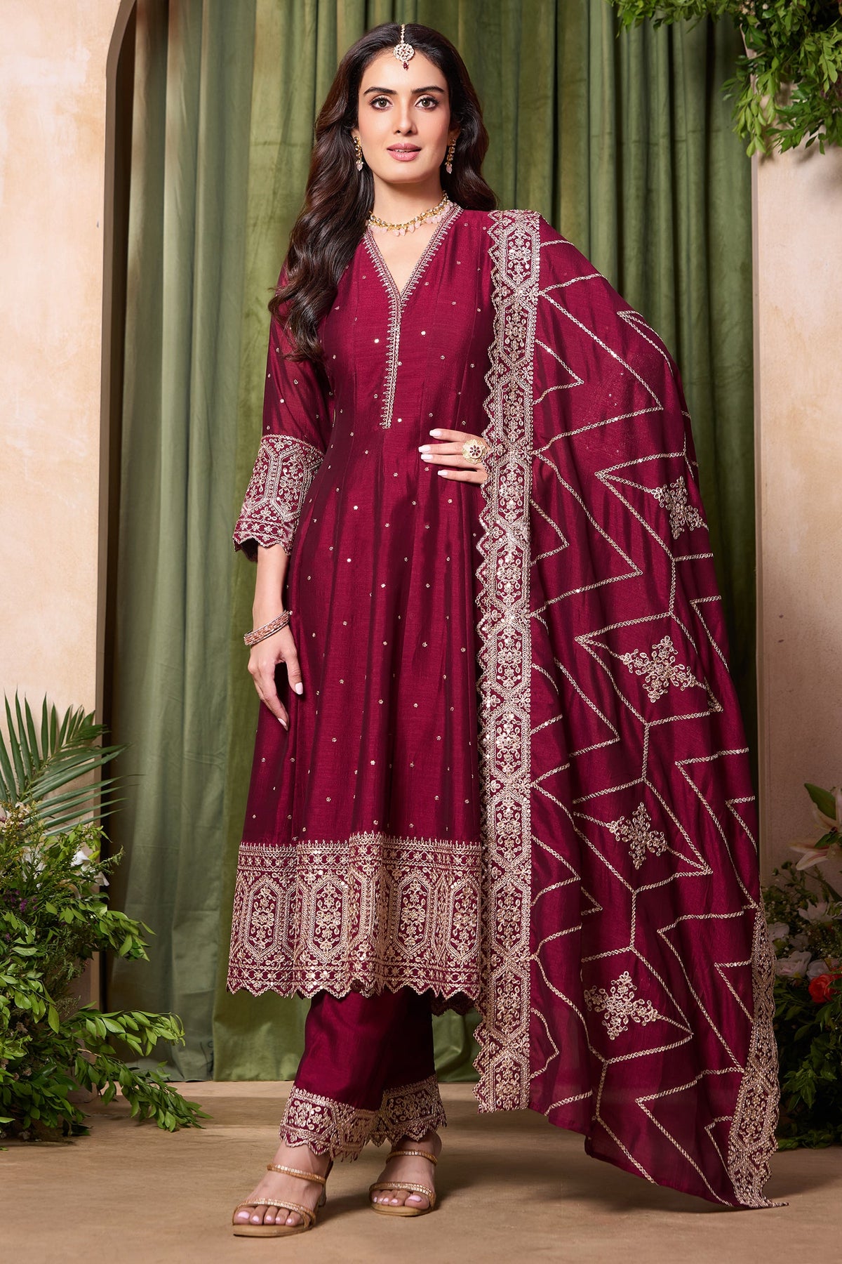 Dark Maroon Art Silk Sequin Embroidered Anarkali Suit