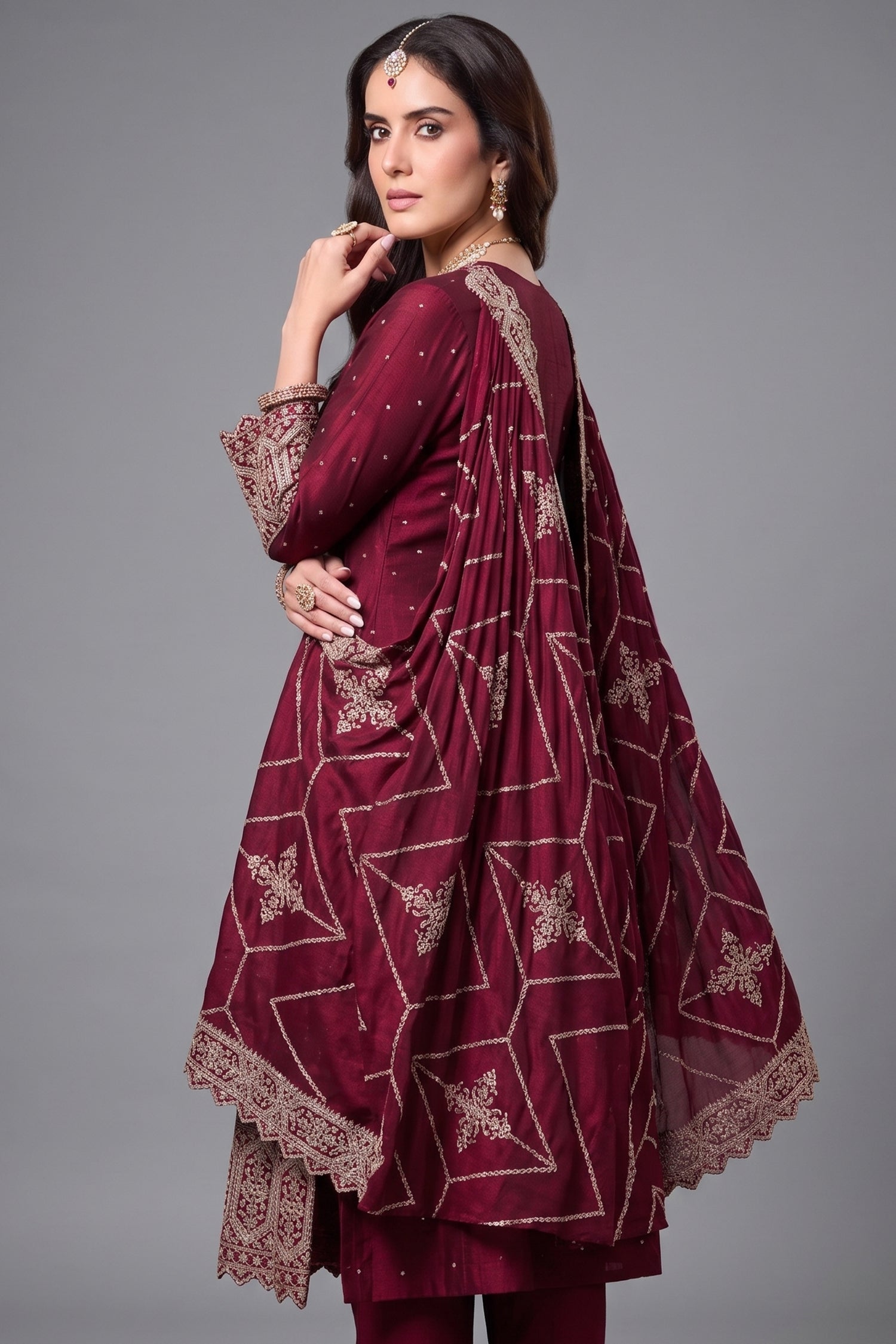 Dark Maroon Art Silk Sequin Embroidered Anarkali Suit Secondary image
