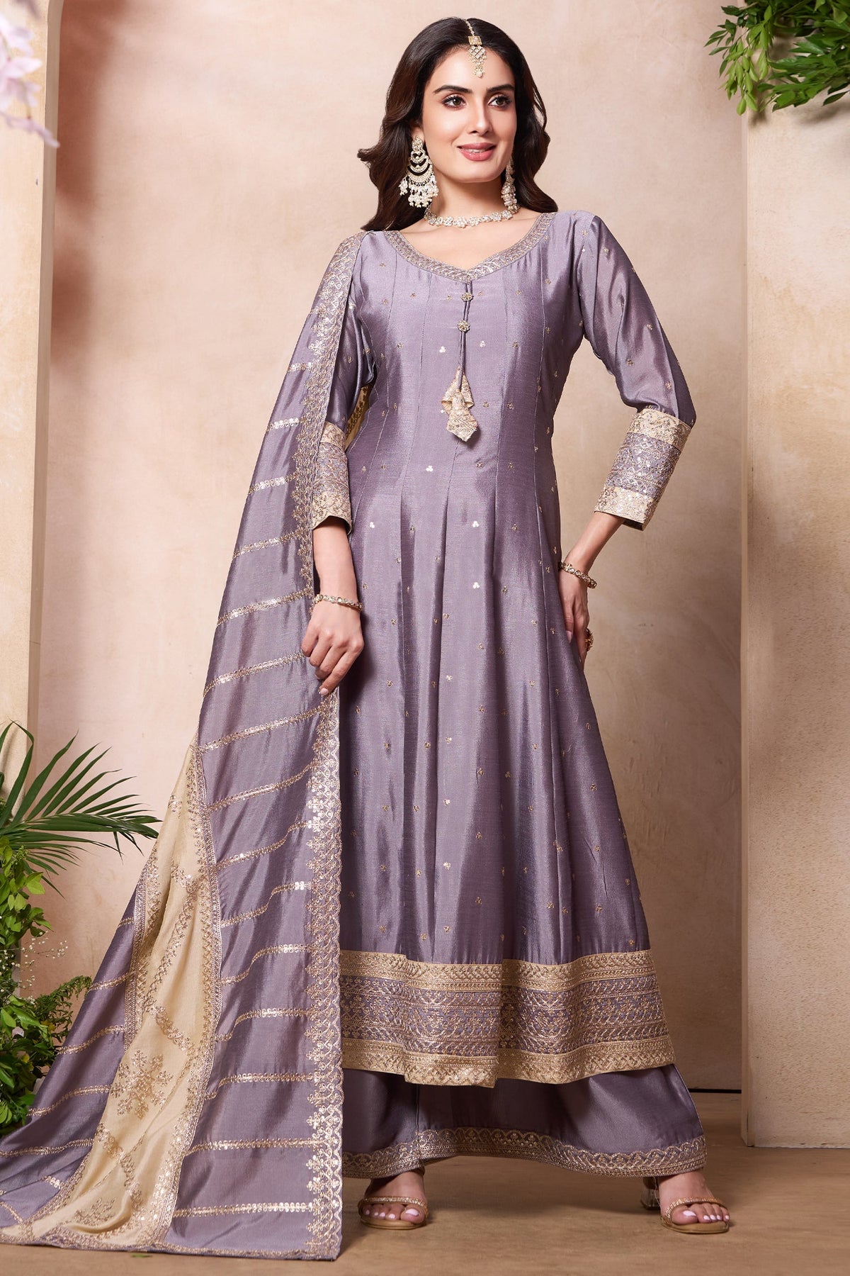 Lilac Purple Art Silk Anarkali Suit with Sequin Embroidery