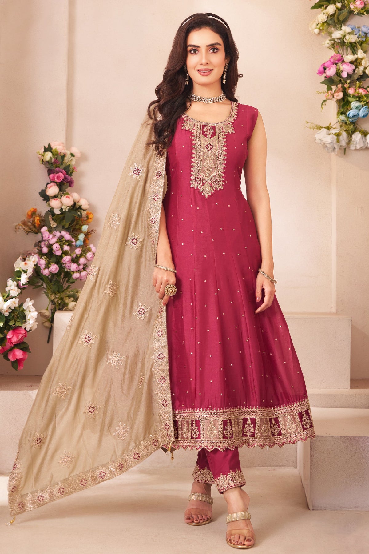 Carrot Pink Art Silk Anarkali Suit with Sequin Embroidery Work - pink silk saree embroidery