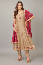 Beige Art Silk Anarkali Suit with Sequin Embroidery Work - beige silk saree embroidery