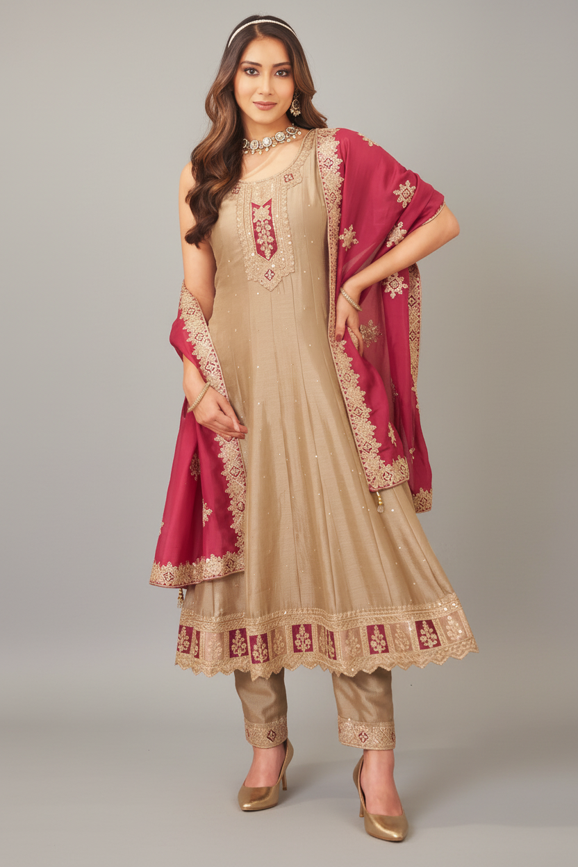 Beige Art Silk Anarkali Suit with Sequin Embroidery Work