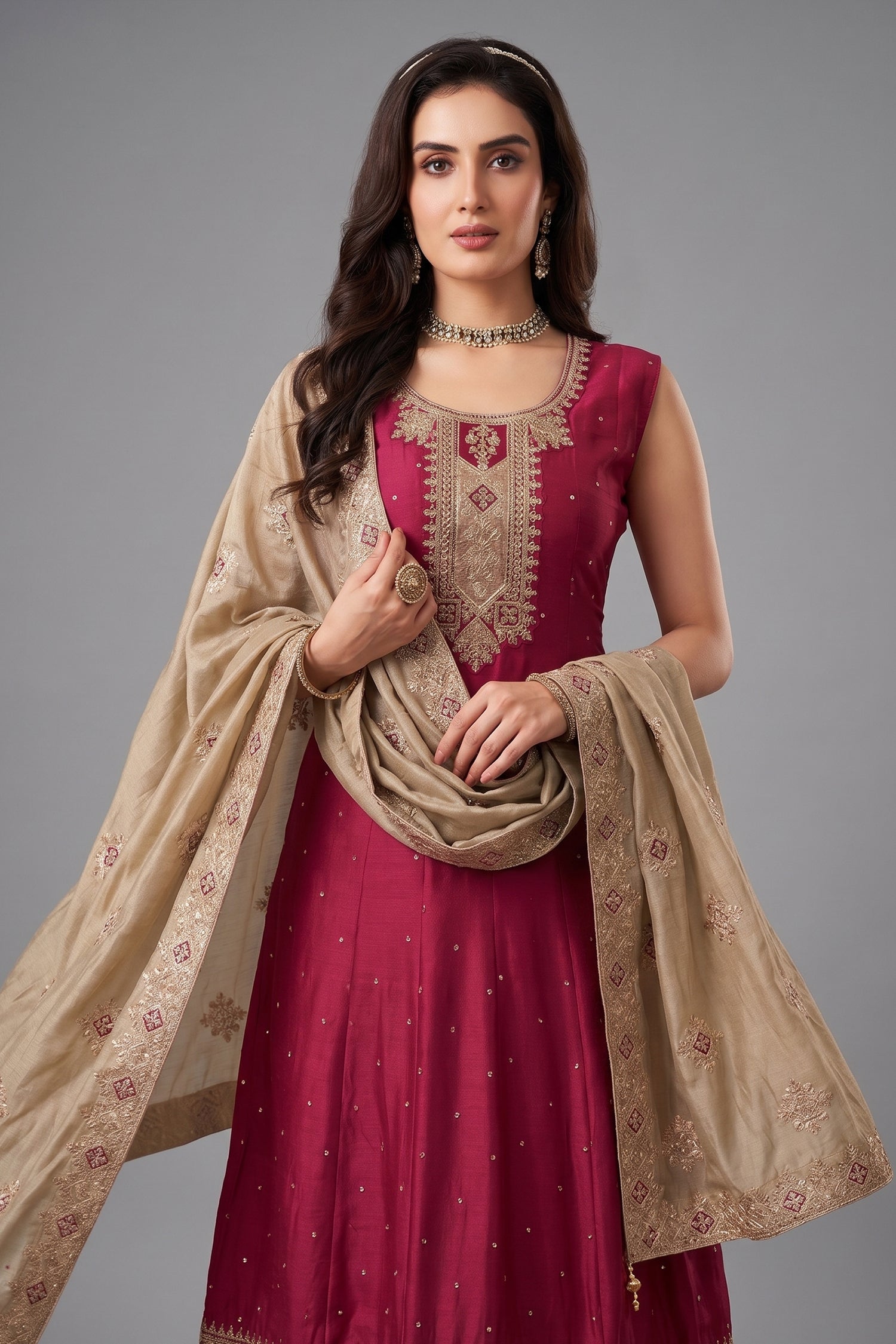 Carrot Pink Art Silk Anarkali Suit with Sequin Embroidery Work Secondary image