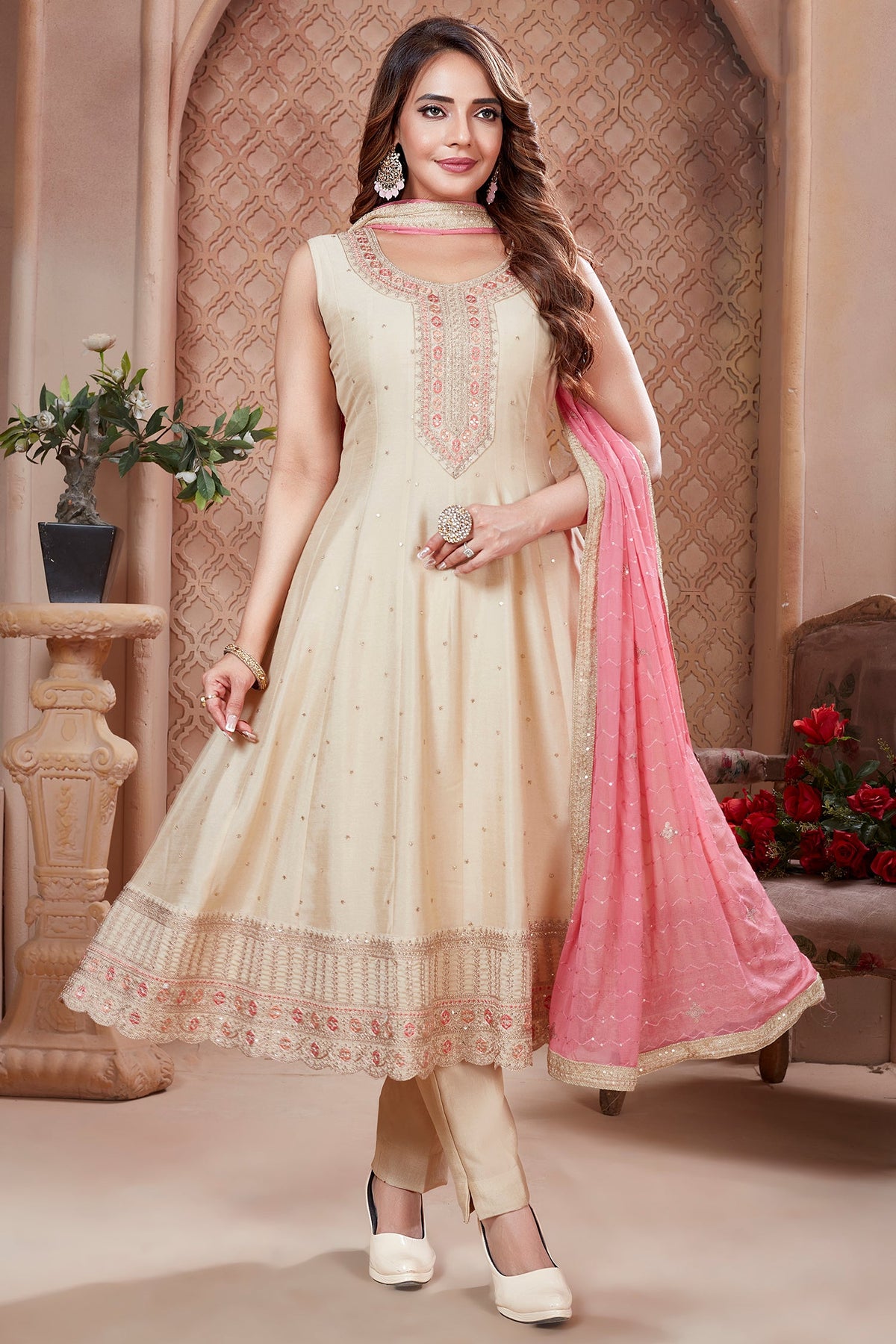 Cream Art Silk Anarkali Suit with Sequin Embroidery
