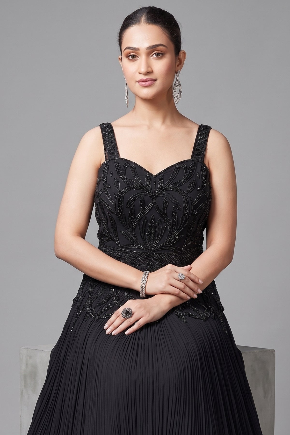 Black Georgette Cutdana and Beaded Gown - black georgette saree