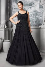 Black Georgette Cutdana and Beaded Gown - black georgette saree