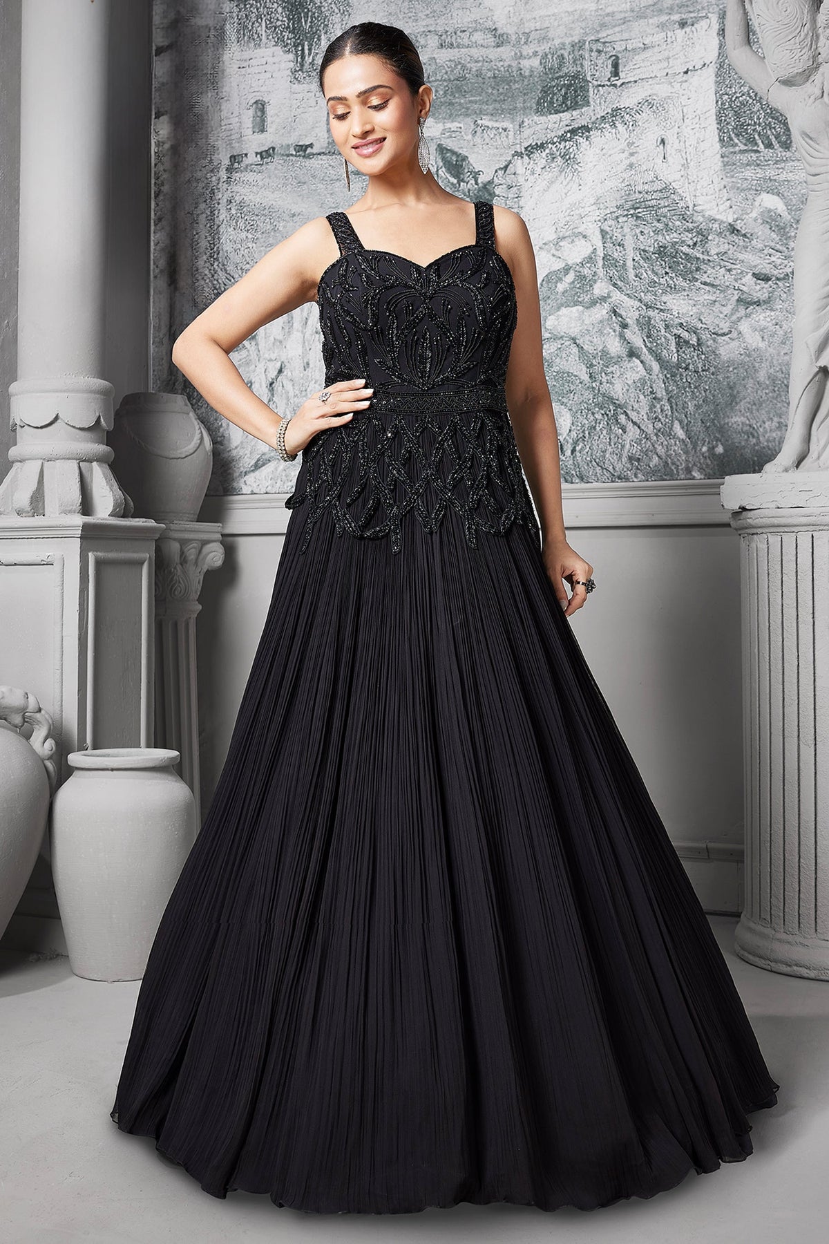 Black Georgette Cutdana and Beaded Gown