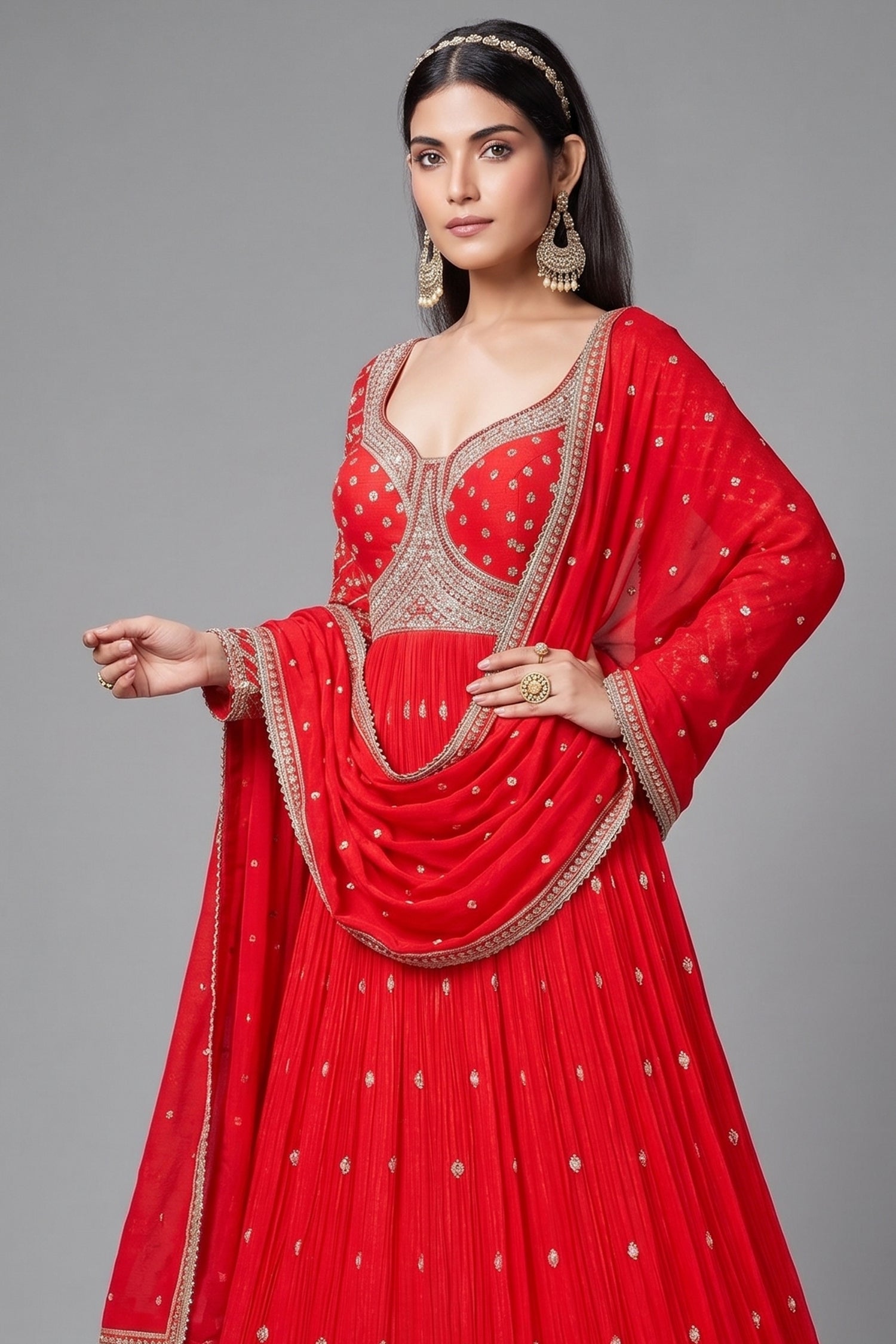 Red Chinon Anarkali Suit with Sequin and Mirror Work - red saree