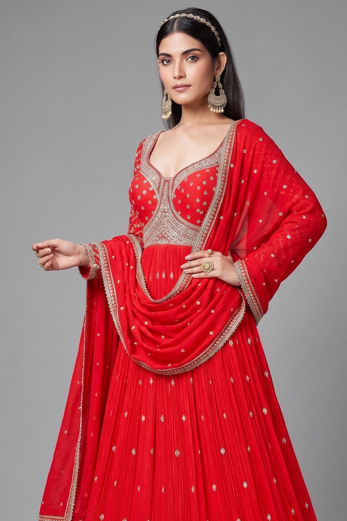 Red Chinon Anarkali Suit with Sequin and Mirror Work - red saree