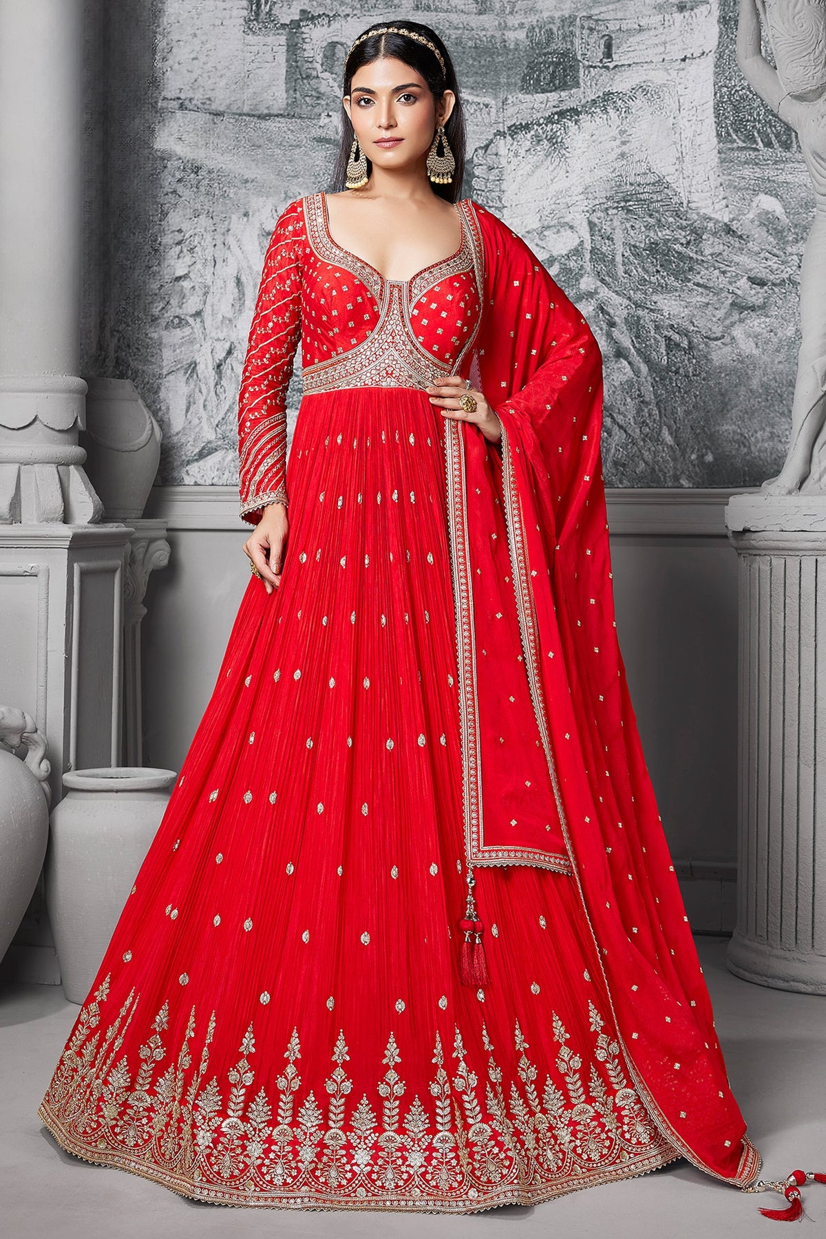 Red Chinon Anarkali Suit with Sequin and Mirror Work - red saree