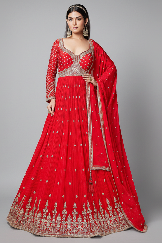 Red Chinon Anarkali Suit with Sequin and Mirror Work - red saree Main image