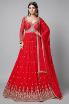 Red Chinon Anarkali Suit with Sequin and Mirror Work - red saree