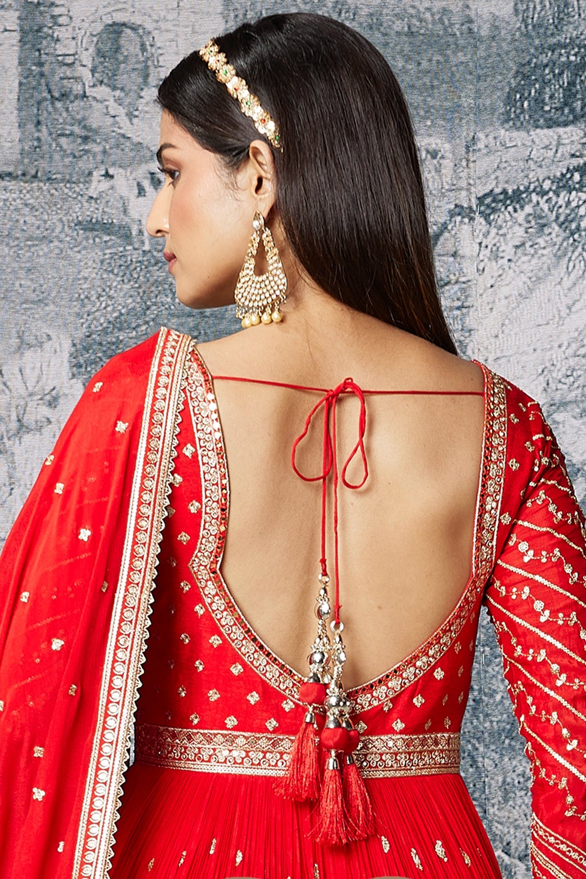 Red Chinon Anarkali Suit with Sequin and Mirror Work - red saree
