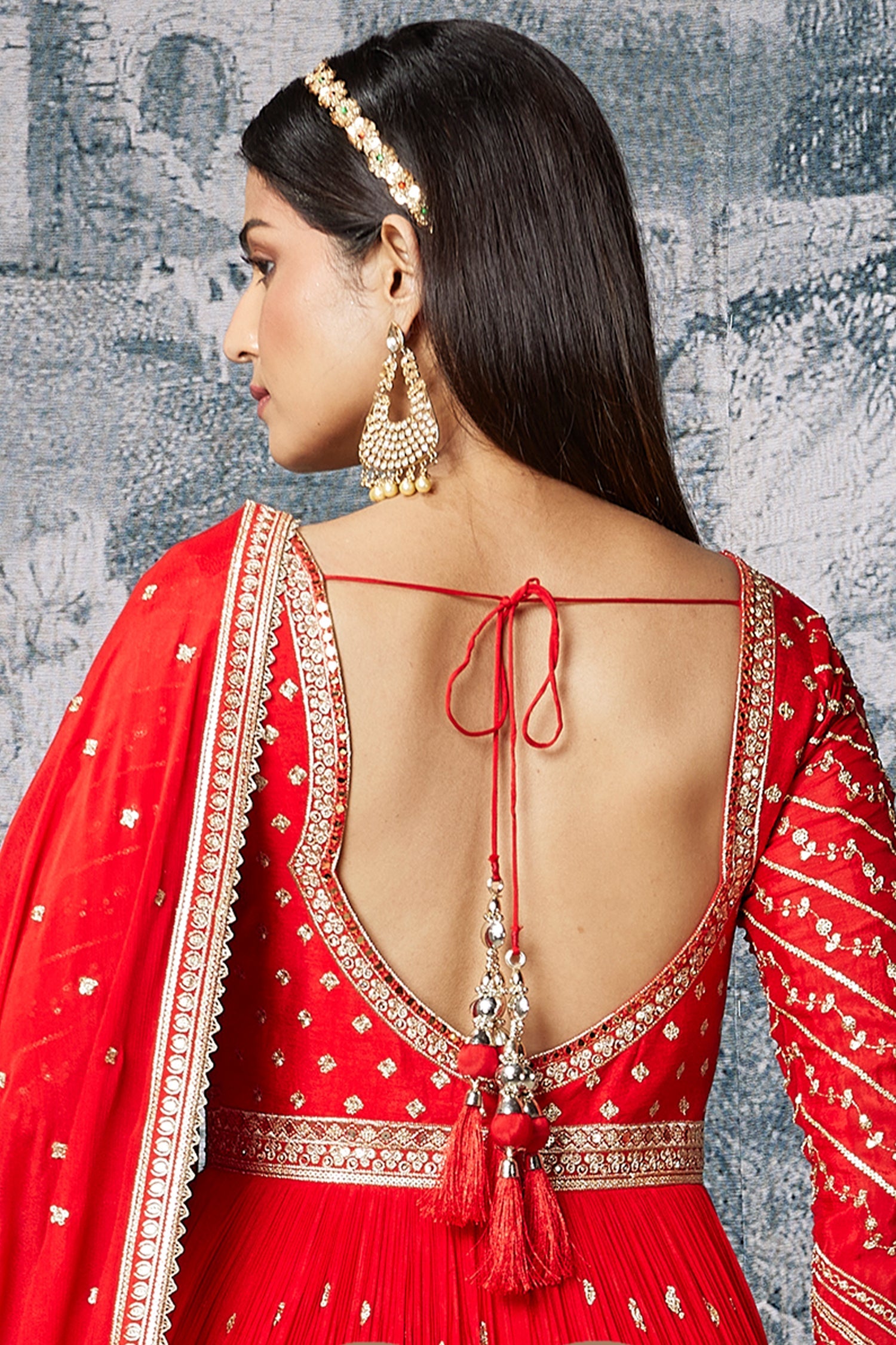 Red Chinon Anarkali Suit with Sequin and Mirror Work - red saree