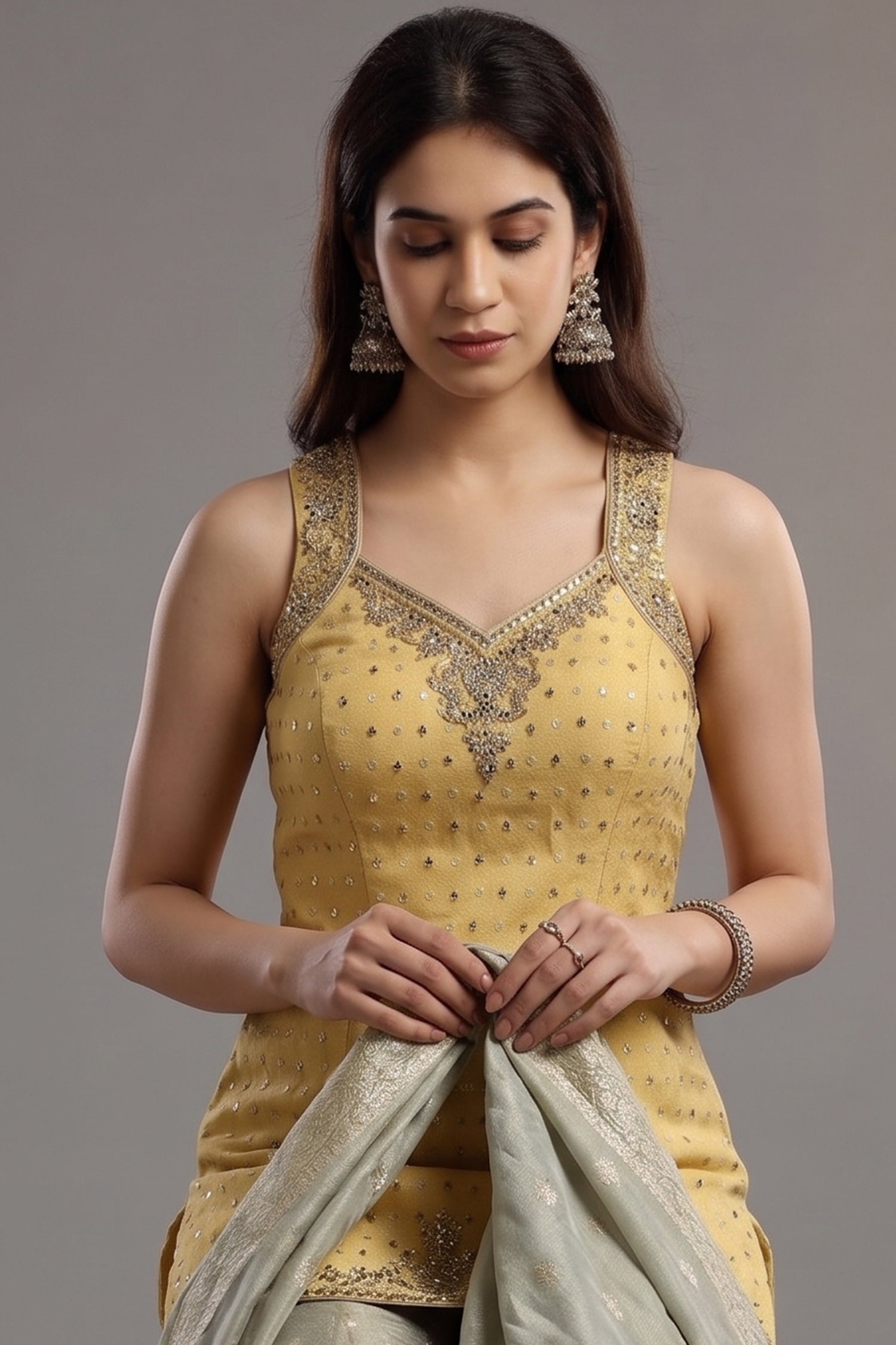 Yellow Tissue Mirror and Bead Worked Palazzo Suit - yellow saree