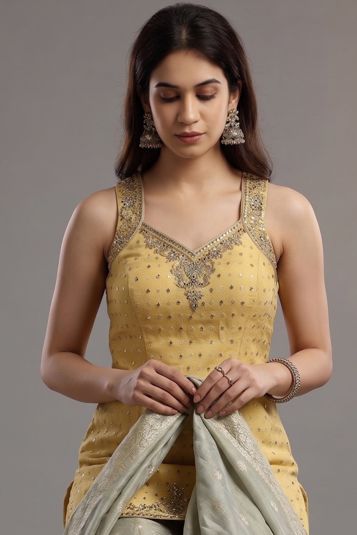Yellow Tissue Mirror and Bead Worked Palazzo Suit - yellow saree