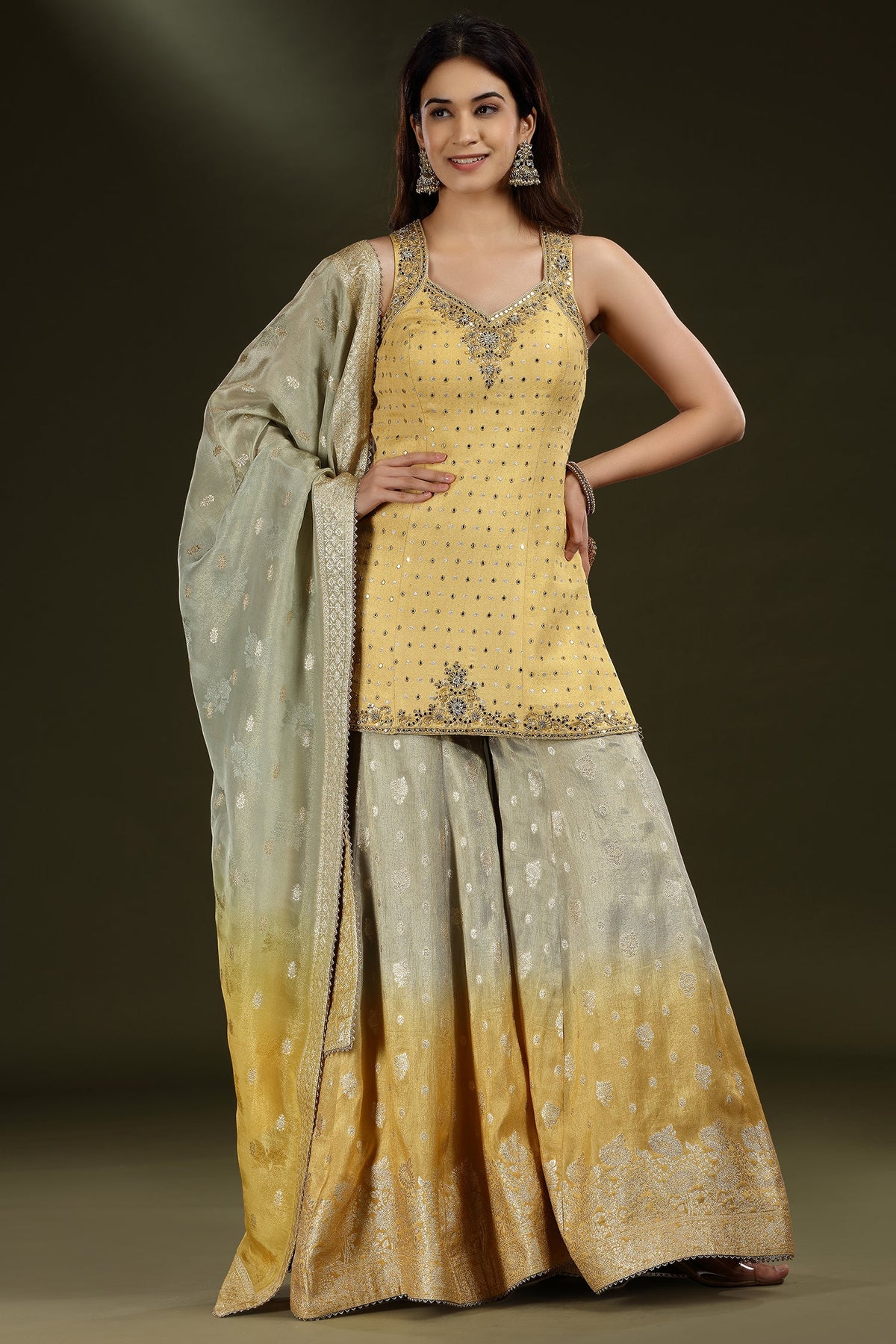 Yellow Tissue Mirror and Bead Worked Palazzo Suit - yellow saree