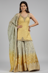 Yellow Tissue Mirror and Bead Worked Palazzo Suit - yellow saree