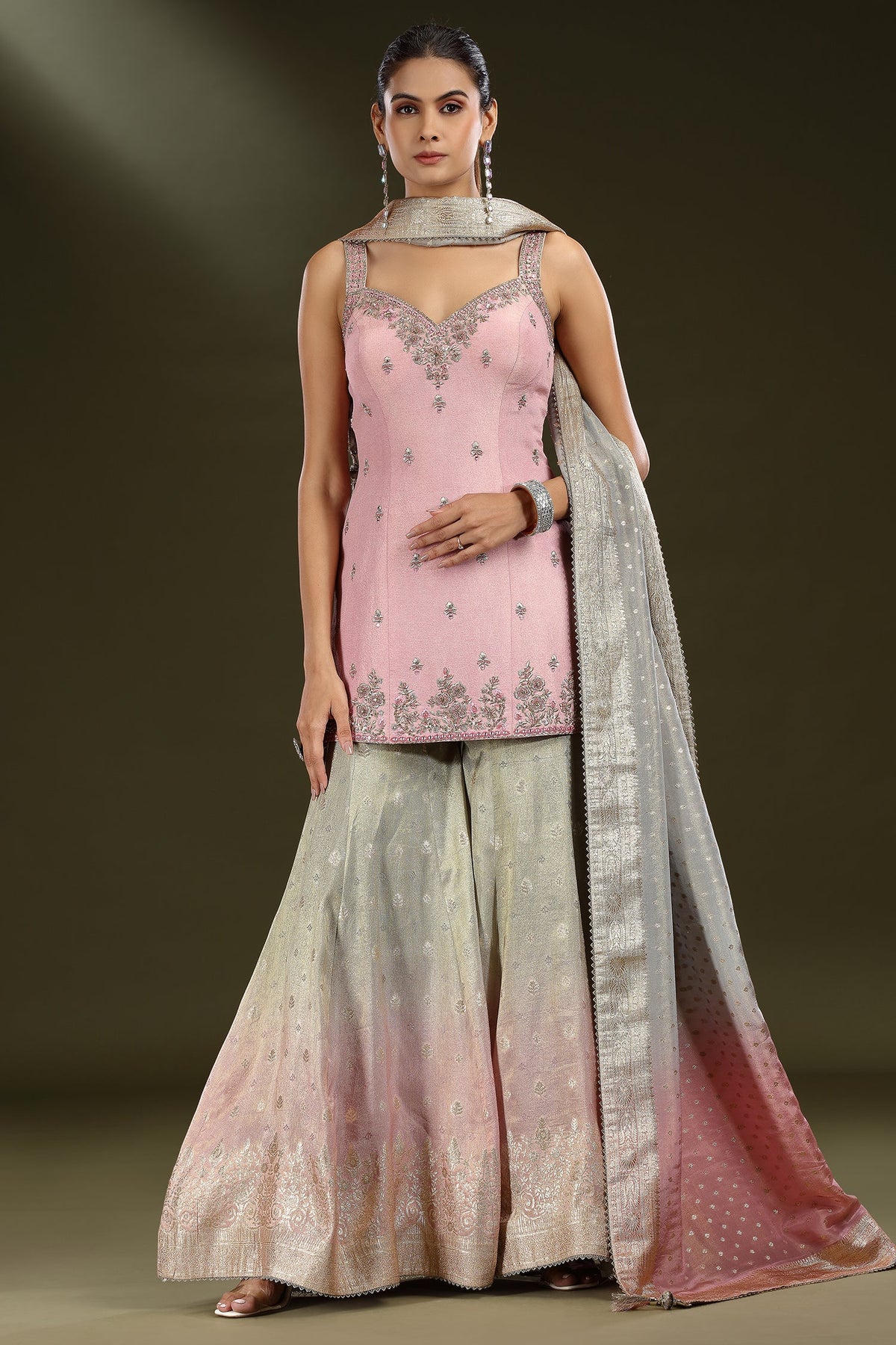 Light Pink Tissue Sequin and Mirror Worked Palazzo Suit - pink saree