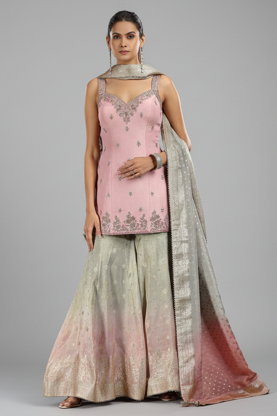 Light Pink Tissue Sequin and Mirror Worked Palazzo Suit - pink saree