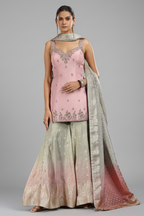 Light Pink Tissue Sequin and Mirror Worked Palazzo Suit - pink saree