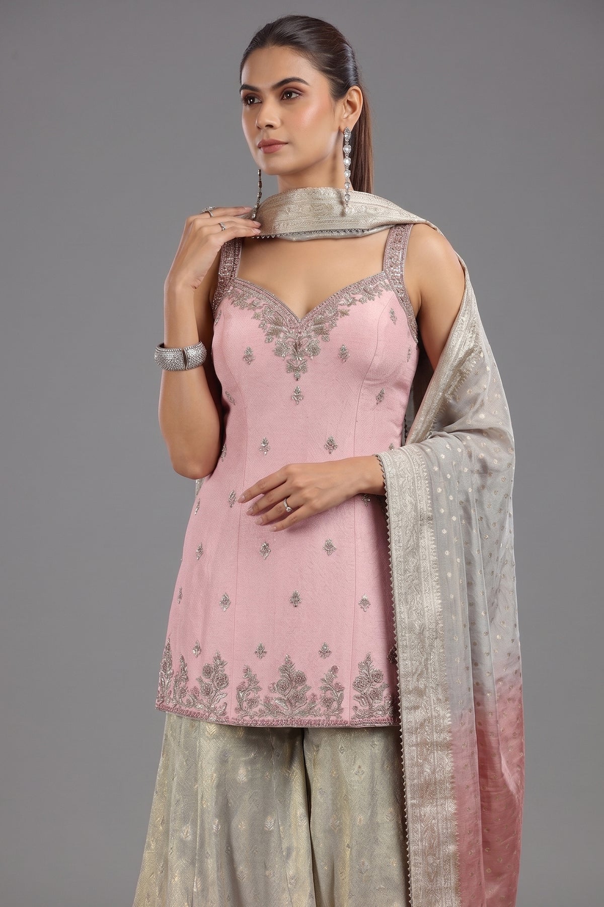 Light Pink Tissue Sequin and Mirror Worked Palazzo Suit - pink saree