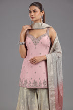 Light Pink Tissue Sequin and Mirror Worked Palazzo Suit - pink saree