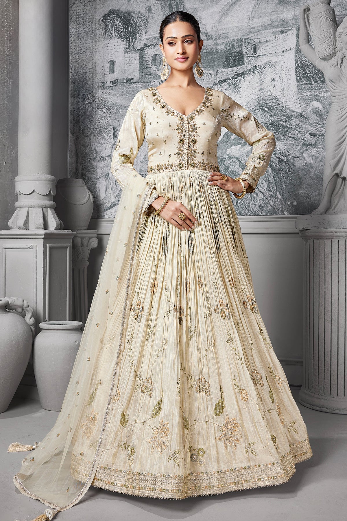 Cream Chinon Floral Embroidery and Sequin and Mirror Worked Anarkali Suit - cream saree embroidery