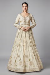 Cream Chinon Floral Embroidery and Sequin and Mirror Worked Anarkali Suit