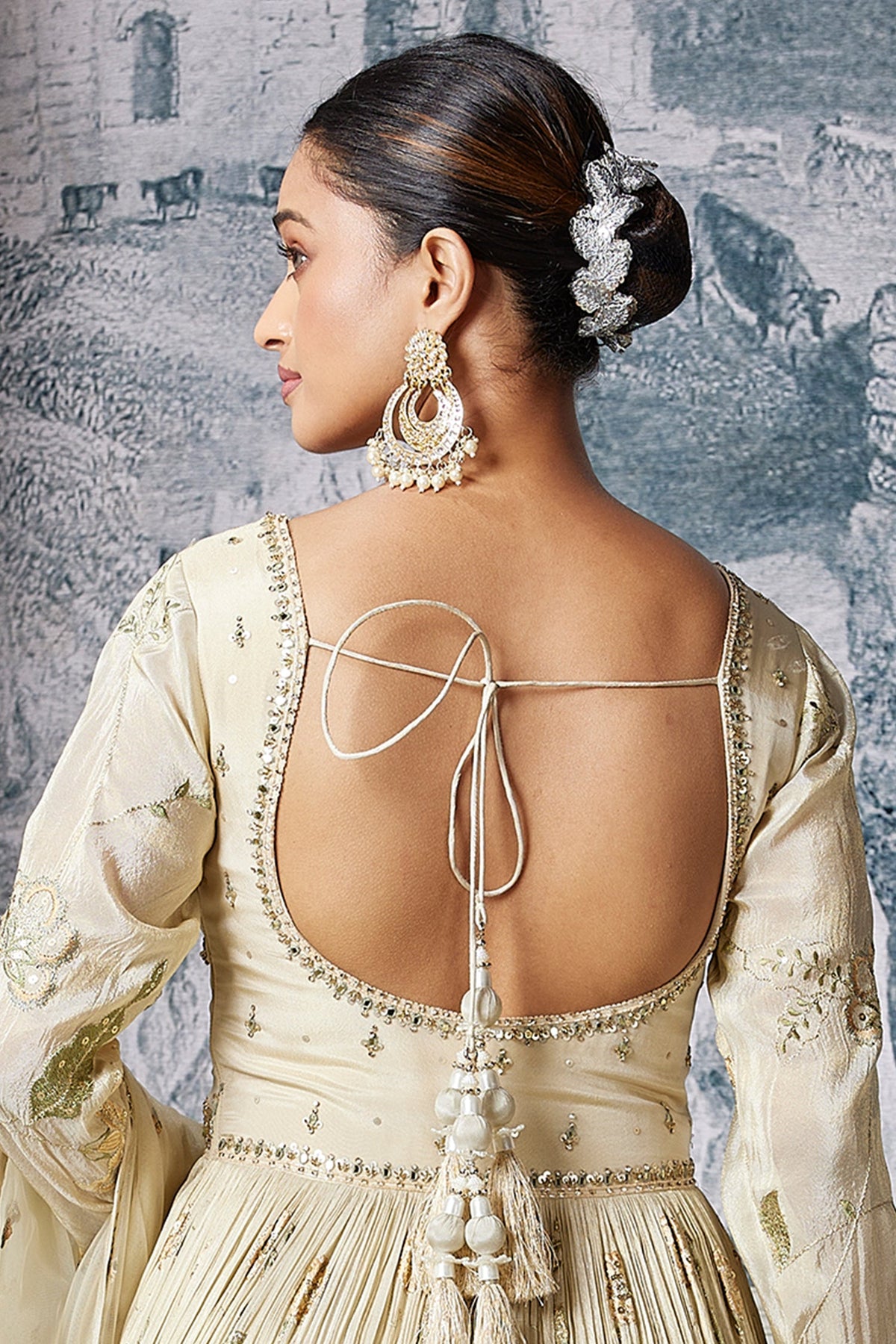 Cream Chinon Floral Embroidery and Sequin and Mirror Worked Anarkali Suit - cream saree embroidery