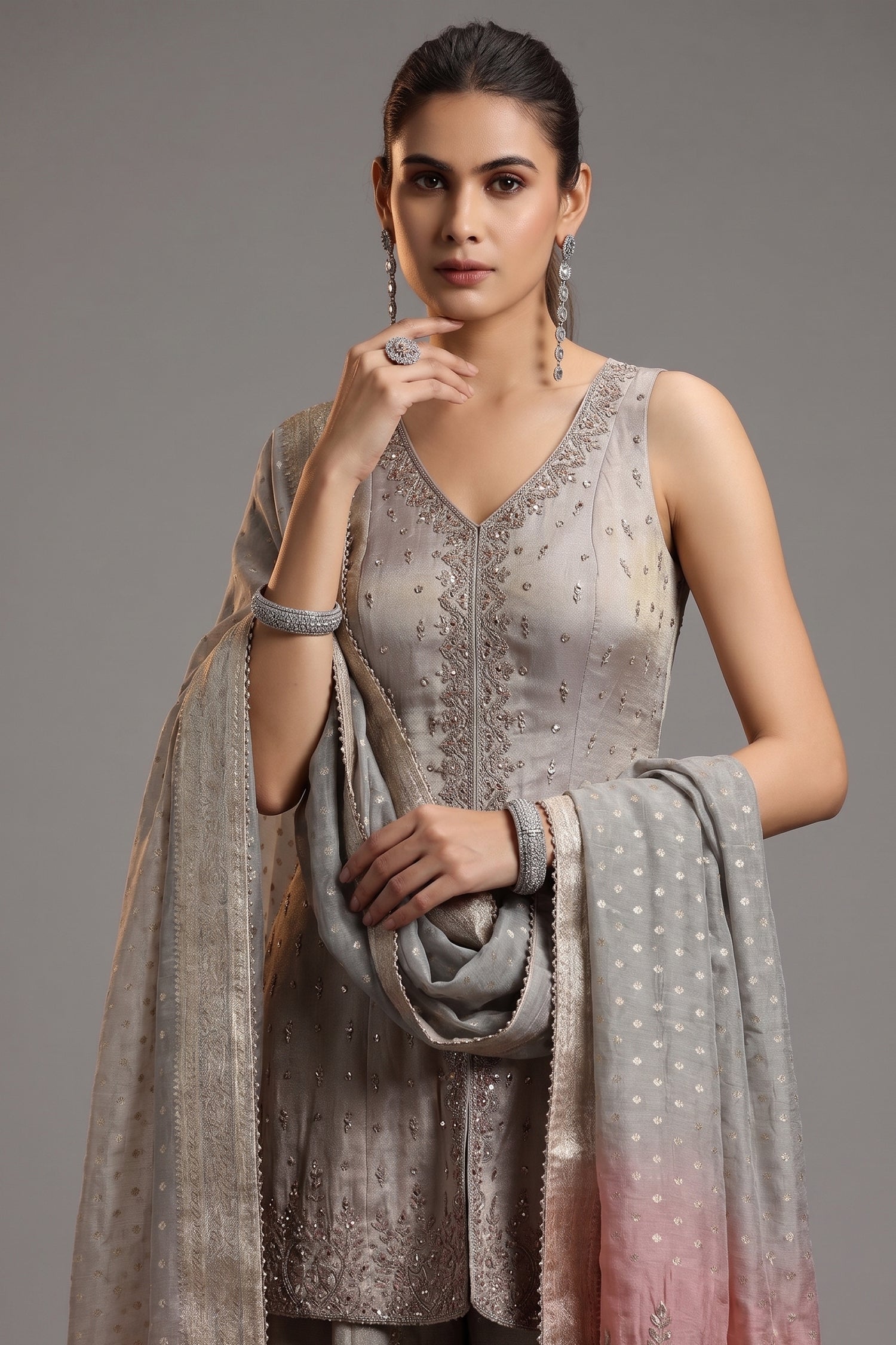 Grey Tissue Mirror and Cutdana Worked Palazzo Suit - grey saree
