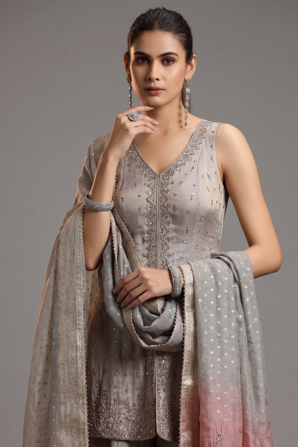 Grey Tissue Mirror and Cutdana Worked Palazzo Suit - grey saree