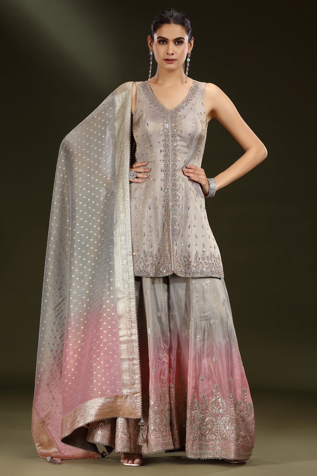 Grey Tissue Mirror and Cutdana Worked Palazzo Suit - grey saree