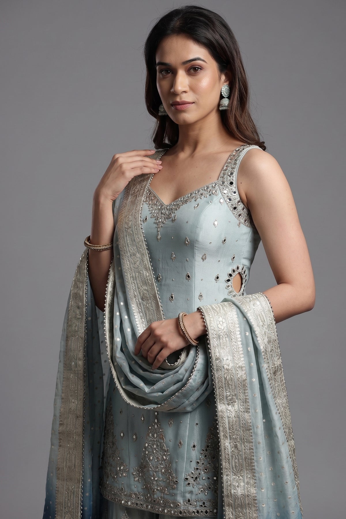 Light Blue Tissue Mirror Sequin and Cutdana Worked Palazzo Suit - blue saree