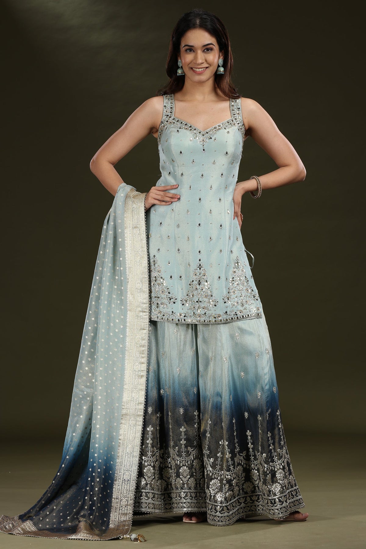 Light Blue Tissue Mirror Sequin and Cutdana Worked Palazzo Suit - blue saree