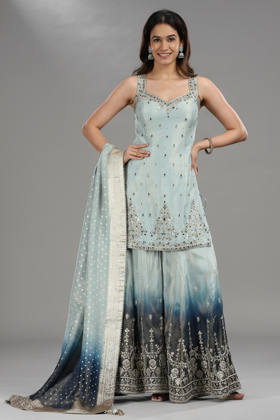 Light Blue Tissue Mirror Sequin and Cutdana Worked Palazzo Suit - blue saree