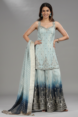 Light Blue Tissue Mirror Sequin and Cutdana Worked Palazzo Suit - blue saree