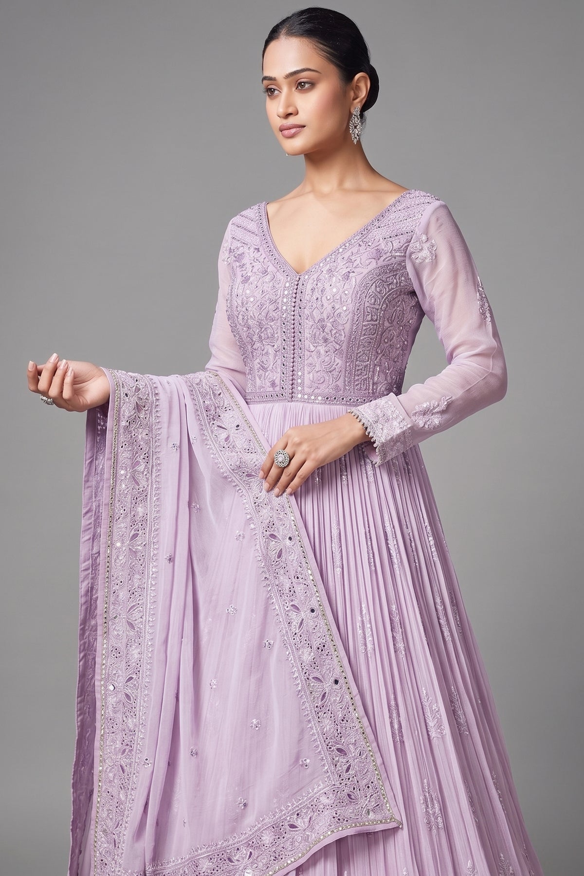 Lavender Purple Georgette Mirror and Sequin Bodice Anarkali Suit with Cutwork Floral Border - purple georgette saree