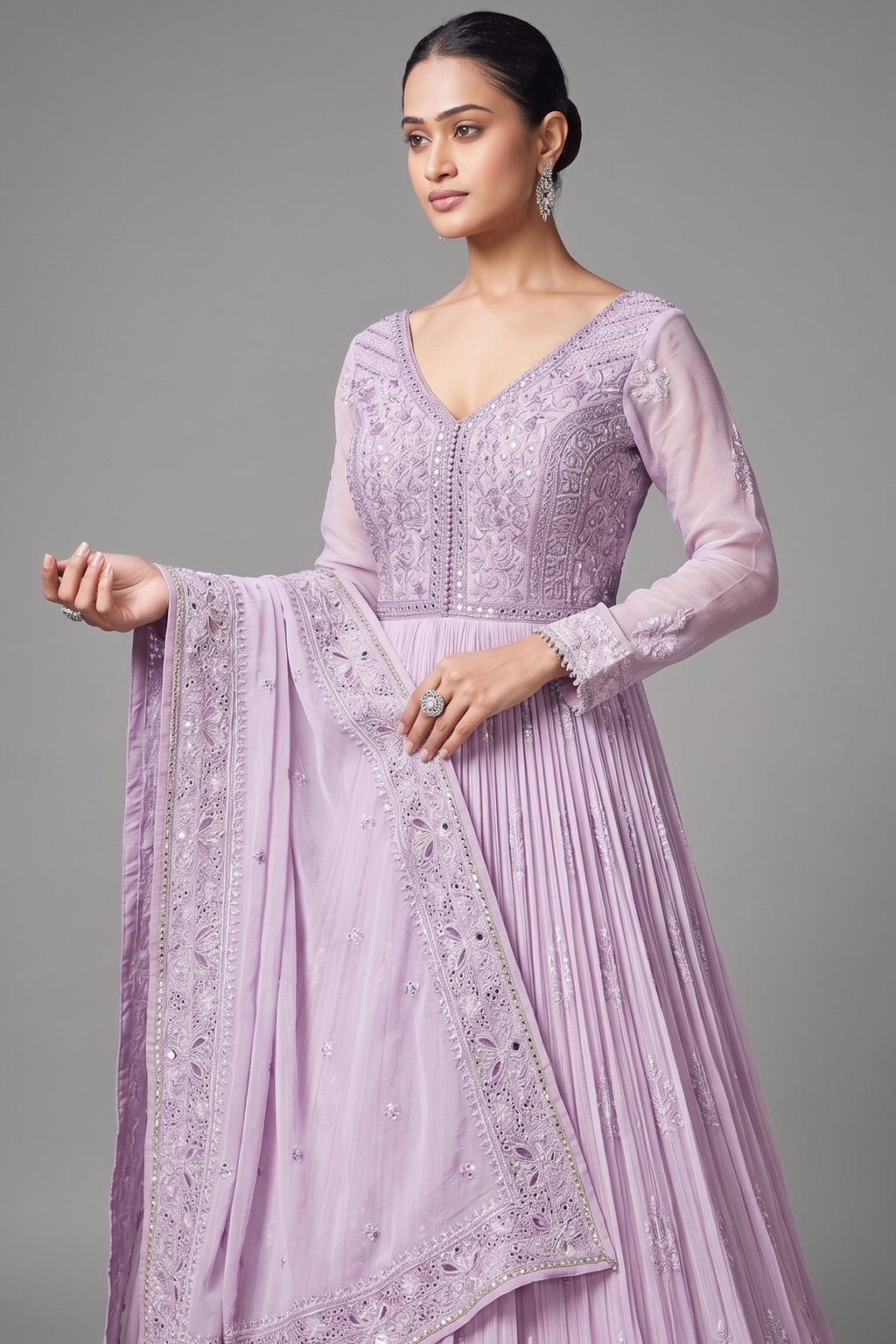 Lavender Purple Georgette Mirror and Sequin Bodice Anarkali Suit with Cutwork Floral Border - purple georgette saree