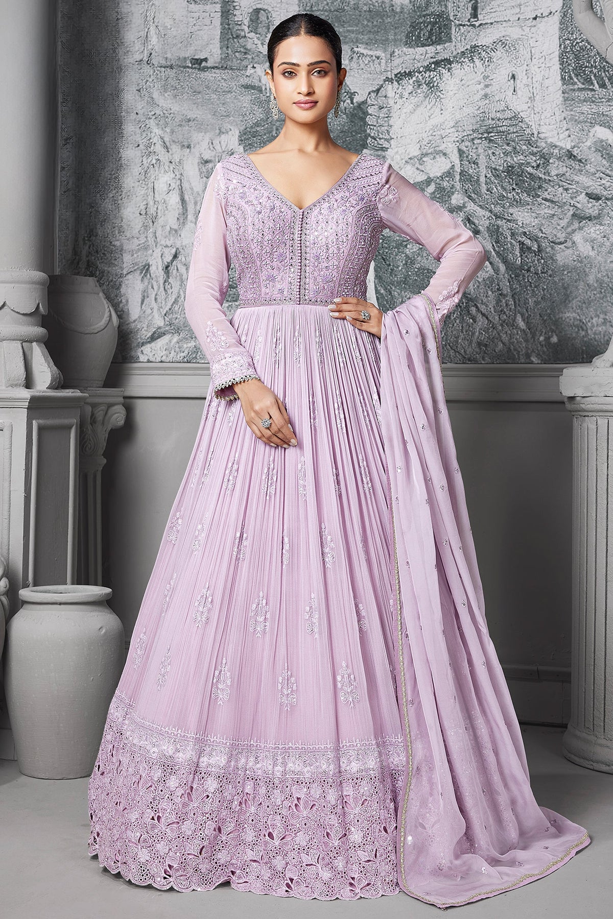 Lavender Purple Georgette Mirror and Sequin Bodice Anarkali Suit with Cutwork Floral Border - purple georgette saree
